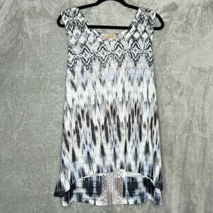 One World 1X Tank Top Shirt Gray Abstract Sleeveless Scoop Neck High Low Knit